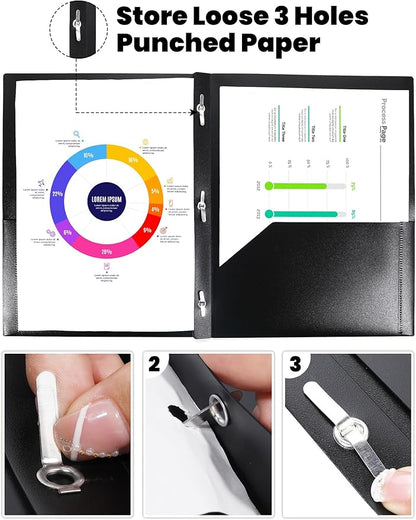 SUNEE 12-Pack Black Plastic Folders with Pockets and Prongs, Letter Size, 9 x 11.5 in