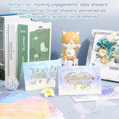 24 Pack Watercolor Thank You Cards with 24 Envelopes 24 Stickers 6 Designs Gold Letter Greeting Note Cards Thank You Notes Round Envelope Seal Stickers for Wedding Graduation(Lovely Style)