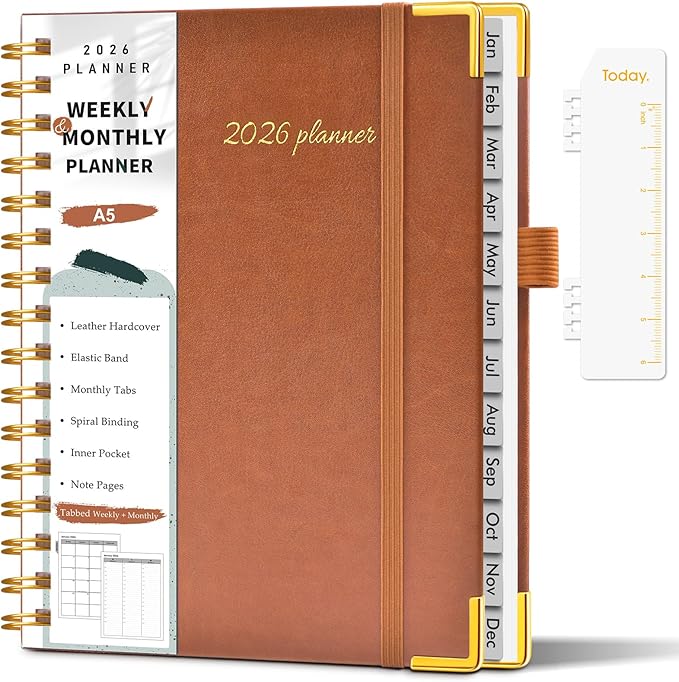 2026 Planner, Weekly and Monthly Calendar Planner from January 2026 - December 2026, 5.75" x 8.38" Hardcover Leather Hourly Appointment Book with Tabs, A5 Spiral Daily Planners for College School Work Home, Brown