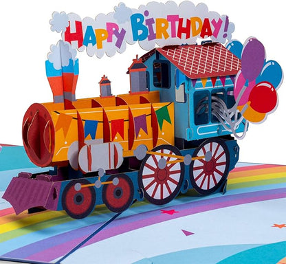 Paper Love Happy Birthday Train, Handmade 3D Pop Up Birthday Card - 5"x7" Cover - Includes Envelope and Note Tag