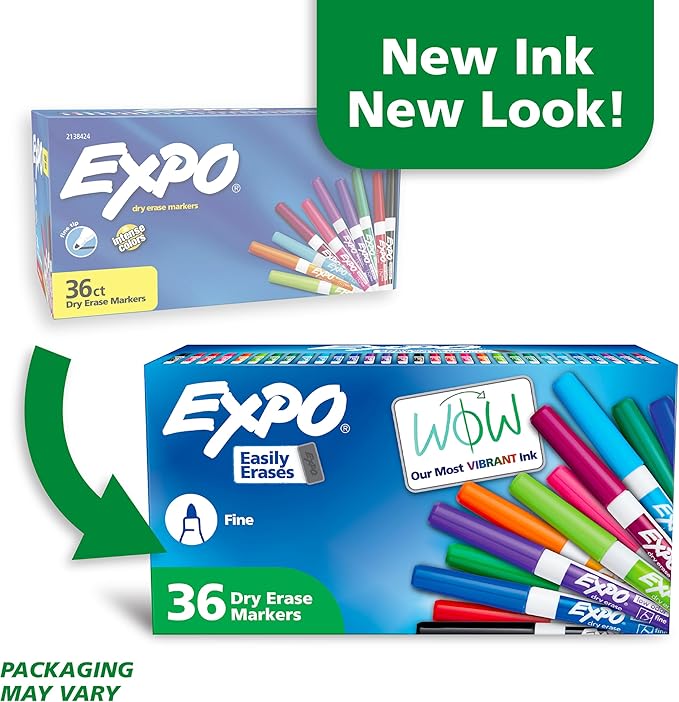 EXPO Fine-Tip Low-Odor Ink Dry Erase Markers, Assorted Vibrant Colors, Pack of 36 Markers for Classrooms, Offices & Homes