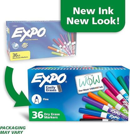 EXPO Fine-Tip Low-Odor Ink Dry Erase Markers, Assorted Vibrant Colors, Pack of 36 Markers for Classrooms, Offices & Homes