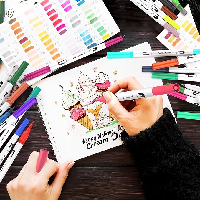 120 Color Dual Tips Brush Pens, Fine and Brush Tip Markers with Swatch Card for Adult Coloring, Art Markers Set for Journaling Calligraphy Drawing Sketching Doodling Illustrating