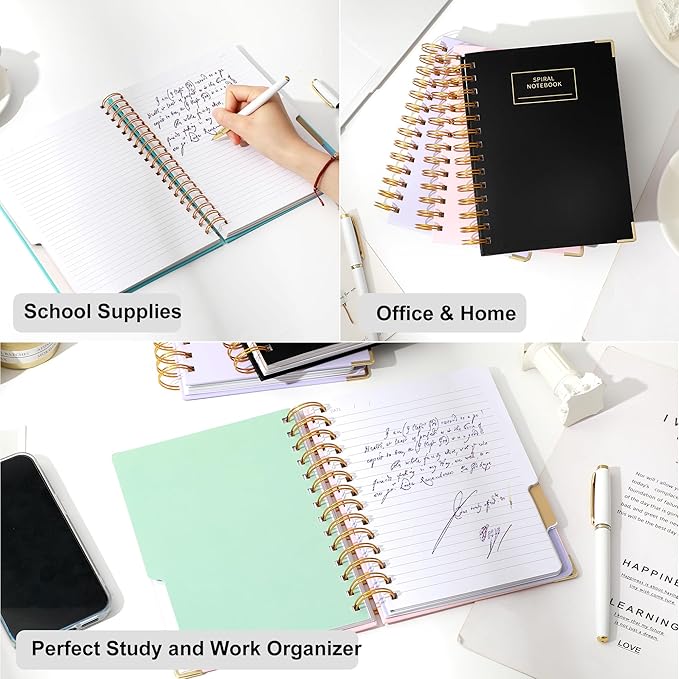 Hardcover Spiral Notebook with Tabs 5.5"x7.5" Small Spiral Lined Journals for Women with Dividers 220 Pages College Ruled Composition Notebook 5 Subject Notebook for Work, Back to School, Gifts, Black