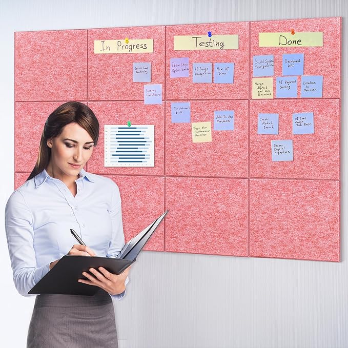 Large Cork Board Alternative - 12 Pack Felt Wall Tiles Office Decor Cork Board for Office, Cork Boards for Walls, Pink Bulletin Board Pin Board with Safe Adhesive for Office/Home/School