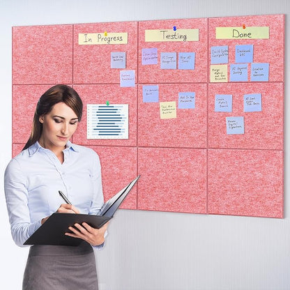 Large Cork Board Alternative - 12 Pack Felt Wall Tiles Office Decor Cork Board for Office, Cork Boards for Walls, Pink Bulletin Board Pin Board with Safe Adhesive for Office/Home/School