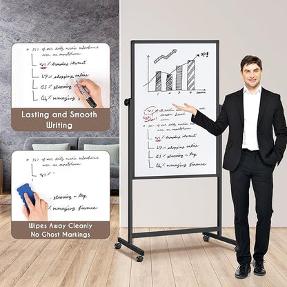 Double Sided Cork Board White Board, 32 x 48 inches Large Cork Board for Office, Height Adjustable Magnetic Dry Erase Board on Wheels, Portable Freestanding Natural Corkboard for Displaying, Planning
