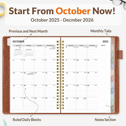 SUNEE 2026 Weekly & Monthly Planner 6.4"x8.5"- 12 Month (January 2026 - December 2026), Vegan Leather Cover, Pocket, Bookmark, Notes, Monthly Tab, Brown
