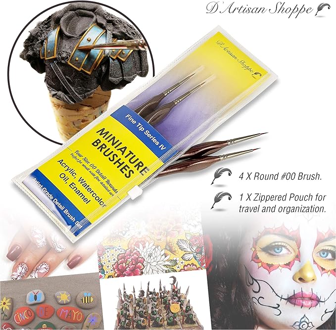 Fine Tip Paint Miniature Brushes. 4pc Round 00 Detail Paintbrushes Set for Acrylic Watercolor Oil - Art Model Craft Warhammer Hobby Paint by Numbers Painting