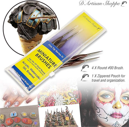 Fine Tip Paint Miniature Brushes. 4pc Round 00 Detail Paintbrushes Set for Acrylic Watercolor Oil - Art Model Craft Warhammer Hobby Paint by Numbers Painting