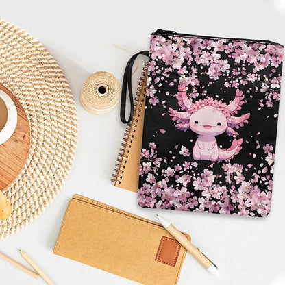 COEQINE Axolotl Flower Book Covers for Girls Large Capacity Book Sleeves Cover with Zipper Portable Book Cherry Blossom Book Pouch Case