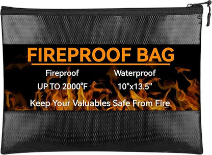 Fireproof Document Bag (10"x13.5" / 2000℉), Fireproof Waterproof Money Bag with Zipper, Premium Fiberglass, Fire Safe Storage for Documents, Passports, Cash, Valuables (Black)