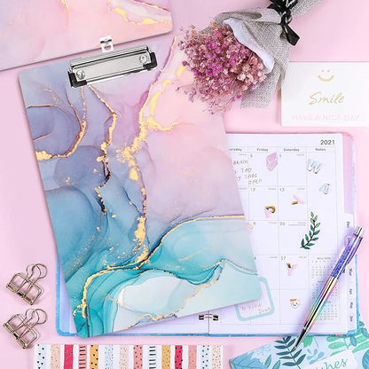 WAVEYU Cute Hardboard Office Clipboard, Clipboard with Low Profile Clip Designed for Students Classroom School and Office Use, Colorful Marble(12.5"x9")