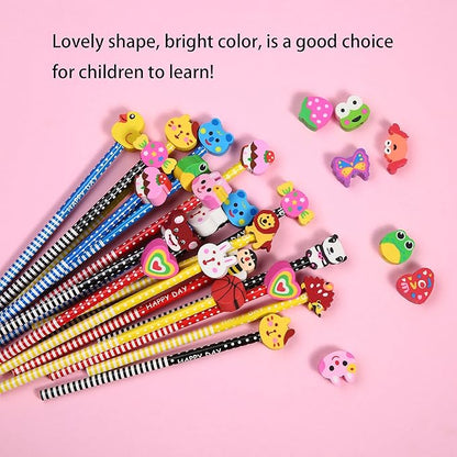 28PCS Pencils with Fruit Animal Top Eraser for Kids,Pencils with Assorted Cartoon Color Stripe Erasers Topper for Kids School Supplies and Children Prize Gifts (28)