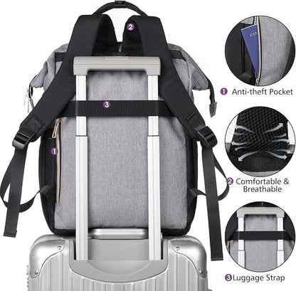 MOMUVO Laptop Backpack for Women Laptop Bag with USB Port, Student Bookbag Water Resistant Backpacks Teacher Doctor Nurse Work Backpack Stylish Travel Bags, Fits 17-Inch Laptop Grey Black