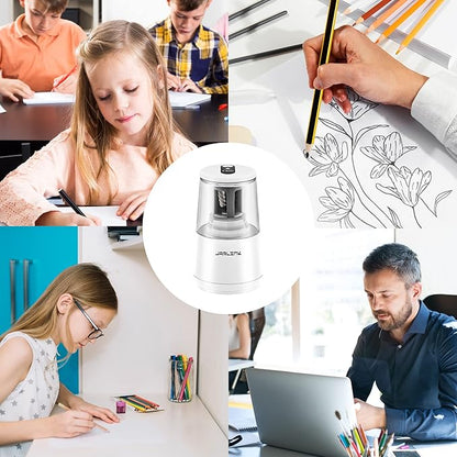 JARLINK Electric Pencil Sharpener, Heavy-Duty Helical Blade to Fast Sharpen, Auto Stop for No.2/Colored Pencils(6-8mm), USB/Battery Operated in School Classroom/Office/Home (White)