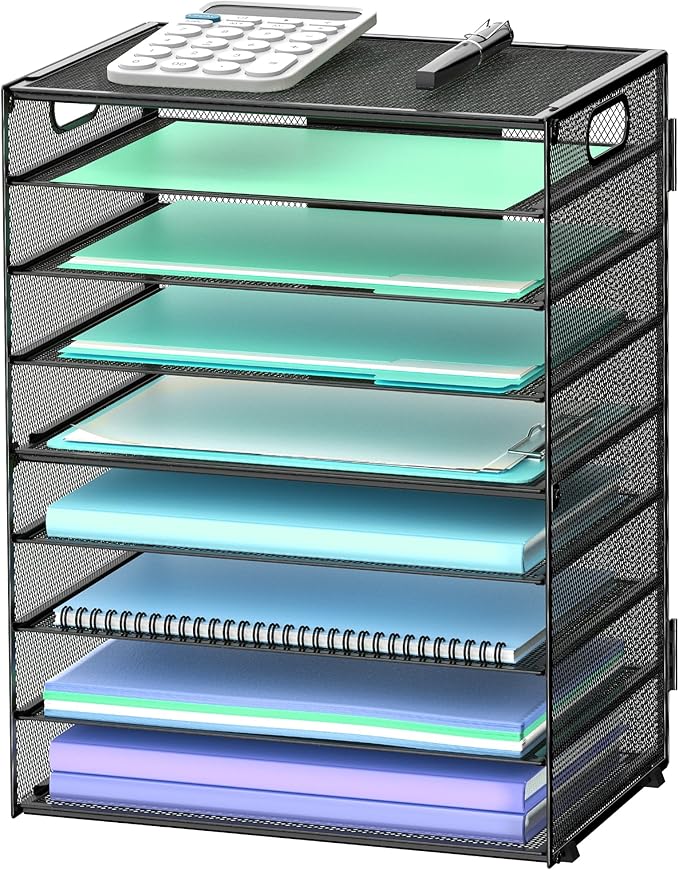 9-Tier Paper Organizer Letter Tray with Handle, Mesh File Organizer Paper Sorter Holder, Desk Organizer for Office Home School, Black