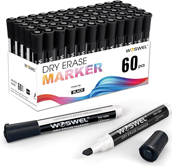 Dry Erase Markers, 60 Bulk Pack, Black Chisel Tip Whiteboard Markers, Chisel Point Low Odor Dry Erase Markers