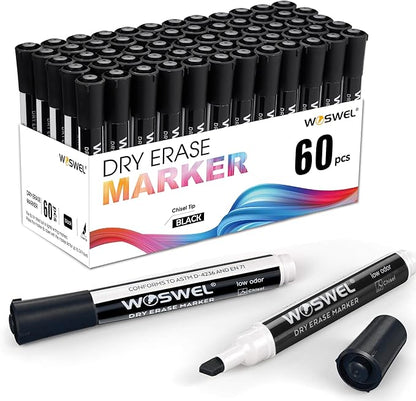 Dry Erase Markers, 60 Bulk Pack, Black Chisel Tip Whiteboard Markers, Chisel Point Low Odor Dry Erase Markers