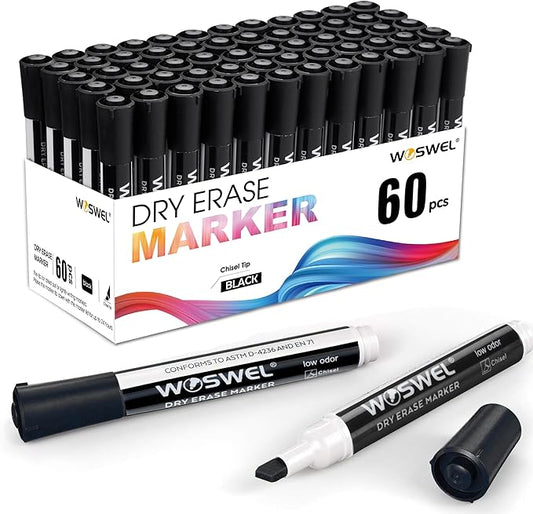 Dry Erase Markers, 60 Bulk Pack, Black Chisel Tip Whiteboard Markers, Chisel Point Low Odor Dry Erase Markers
