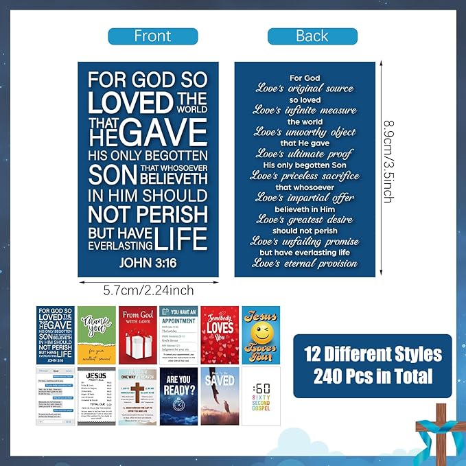 240 Pcs Gospel Tract Card 12 Styles Plan of Salvation Card Pocket Holy Postcard Christian Inspirational Bible Verse Bookmark for Christian Gift Women Men Ministering Tool(Classic)