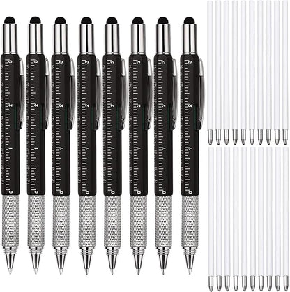 Zhanmai 8 Pcs Gift Pen for Men 6 in 1 Multitool Tool Pen with Refills Screwdriver, Ruler, Levelgauge,Fathers Christmas Graduation party Supplies(Black)
