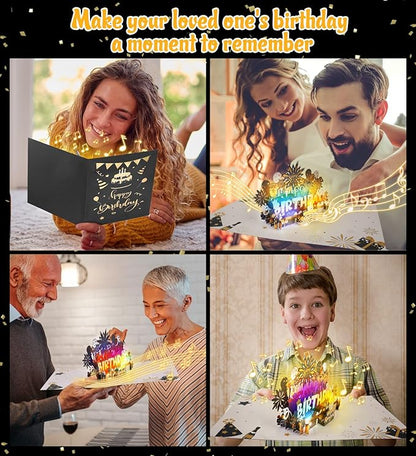 Birthday Card | Musical Pop Up Birthday Cards w Light | Blow Out LED Light Candle & Play Happy Birthday Music Pop Up Card | Greeting Cards Gifts for Him or Her | Black Gold (Blowable Candle)