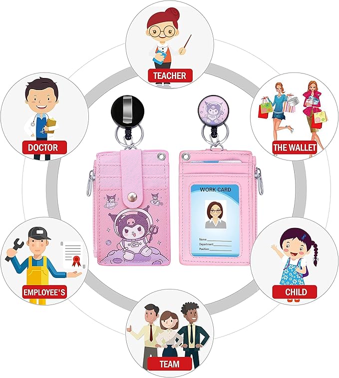 Cute ID Badge Holder Retractable Lanyard Reel Clip with Heavy Duty Carabiner,5 Card Slots in 2 Sided with Key Ring and Zipper for Students Teens BoysGirls Office Staff Women (Purple Kuro)