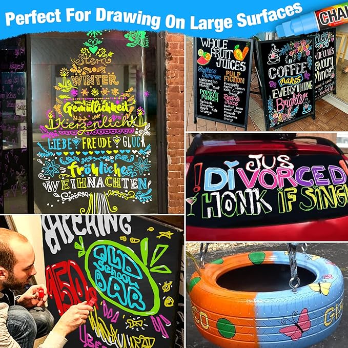 Window Chalk Markers for Cars Washable: 8 Colors Jumbo Liquid Chalk Marker with 10mm Thick Tips, Big Chalkboard Markers, Car Window Paint Markers Pen for Glass, Auto, Bistro, Mirror, Poster, Business