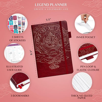 Legend Planner – Weekly & Monthly Life Planner to Hit Your Goals & Live Happier. Organizer Notebook & Productivity Journal. A5 (Wine Red)