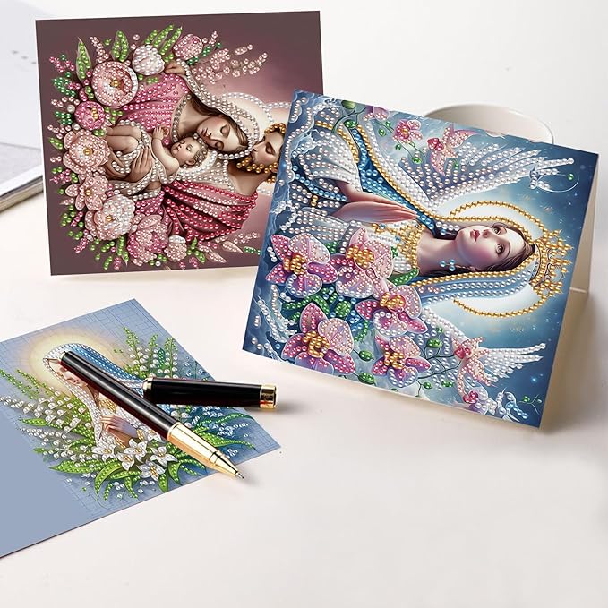 6 Pcs 5D Rhinestone Painting Greeting Cards Kits, Handmade Festival Greeting Cards with Envelopes Holographic Laser Effect DIY Diamond Art Crafts Birthday Cards for Birthdays Celebrations (Religion)