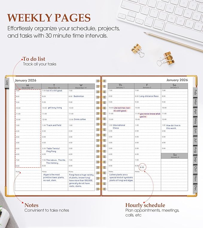 2026 Planner, Weekly and Monthly Calendar Planner from January 2026 - December 2026, 8.5" x 11" Hardcover Leather Hourly Appointment Book with Tabs, Spiral Daily Planners for College School Work Home, Brown