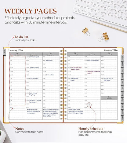 2026 Planner, Weekly and Monthly Calendar Planner from January 2026 - December 2026, 8.5" x 11" Hardcover Leather Hourly Appointment Book with Tabs, Spiral Daily Planners for College School Work Home, Brown
