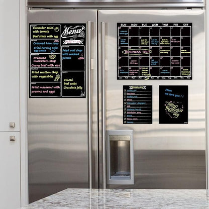 Magnetic Chalkboard Monthly Calendar - Weekly Meal Planning Blackboard Combo Set with Neon Bright Liquid Chalk Markers - Bonus Grocery List and Notepad Blackboard for Refrigerator Included