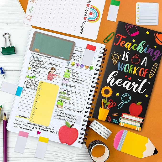 Teaching is A Work of Heart Sticky Notes Set 550 Sheets Pencil Apple Shape Self-Stick Note Pads Teacher Appreciation Gift Writing Memo Pads Page Marker Back to School Office Supplies (Black)