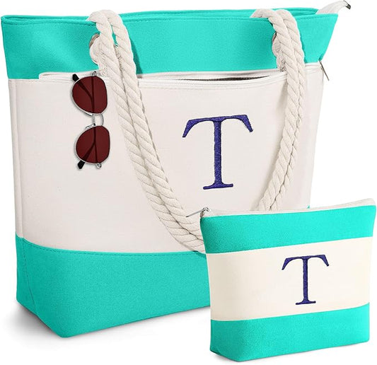 YOOLIFE Christmas Gifts for Women - Initial Canvas Tote Bag & Makeup Bag, Birthday Gifts for Women Mom Teacher Friend Sister