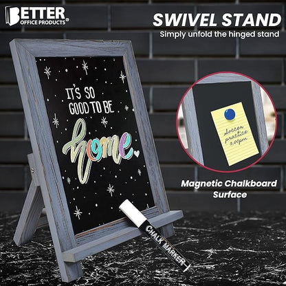 Better Office Products Framed Tabletop Chalkboard Sign, 9.5" x 14", Rustic Wood Frame, Small Magnetic Chalkboard with Built-in Ledge and Folding Stand, One White Chalk Marker Included,(Gray wash)