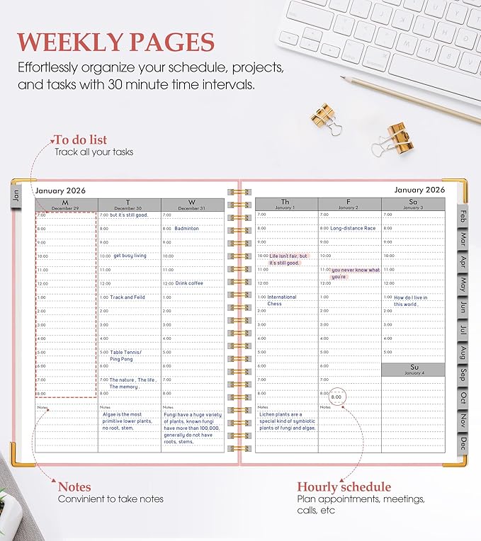 2026 Planner, Weekly and Monthly Calendar Planner from January 2026 - December 2026, 8.5" x 11" Hardcover Leather Hourly Appointment Book with Tabs, Spiral Daily Planners for College School Work Home, Pink