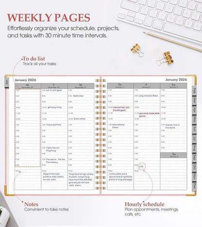2026 Planner, Weekly and Monthly Calendar Planner from January 2026 - December 2026, 8.5" x 11" Hardcover Leather Hourly Appointment Book with Tabs, Spiral Daily Planners for College School Work Home, Pink