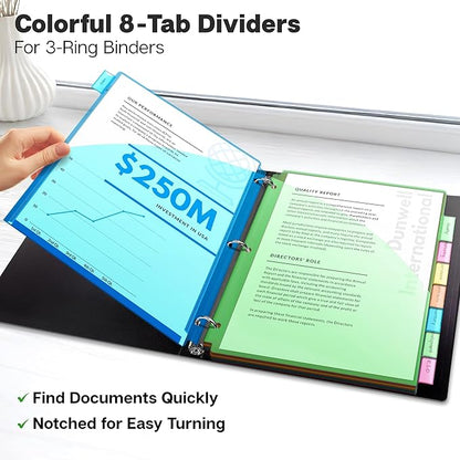 Dunwell 2-Pocket 8-Tab Divider Pockets, (1 Set, 8 Count), 5 Colors, Plastic 8 Subject Notebook Tab Dividers for 3-Ring Binders, Includes Label Inserts, Durable Acid-Free Poly