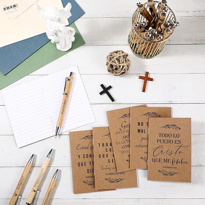 Fuutreo 50 Sets Spanish Christian Notebook Bible Verse Ballpoint Pen Versículos Bíblicos En Español Religious Easter Gifts for Women Men Bible Study Sunday School