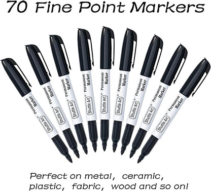 Shuttle Art Permanent Markers, 70 Pack Black Permanent Marker set,Fine Point, Works on Plastic,Wood,Stone,Metal and Glass for Doodling, Marking