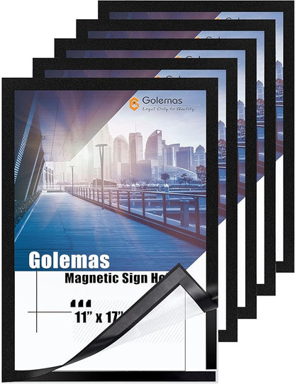 Magnetic Sign Holder, 11 x 17 Wall Mount Self Adhesive Document Display Frames, Double Sided Display for Glass Window (Black, 5pack)