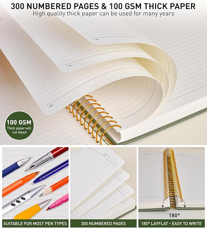 B5 Spiral Notebook Journal 7.6” x 10”, 300 Numbered Pages Hardcover Leather Journals for Women Men, Large Lined College Ruled Notebooks, 100GSM Thick Paper, Spiral Bound Journal for Work School, Green