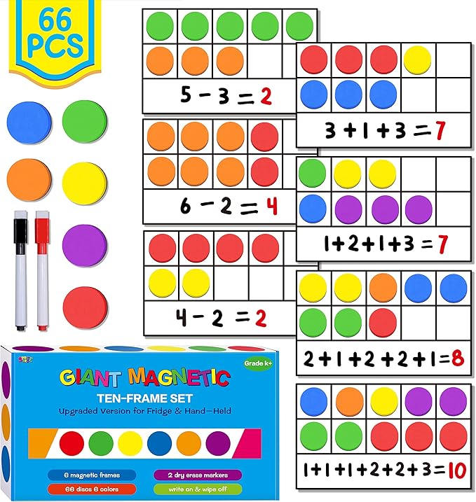 Magnetic Ten-Frame Set,6 Frames(with Blank Writing Space) and 66 Colorful Discs with 2 Markers (Upgraded Version for Fridge & Hand-held)