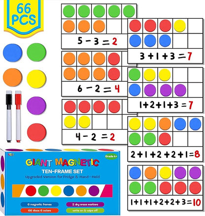 Magnetic Ten-Frame Set,6 Frames(with Blank Writing Space) and 66 Colorful Discs with 2 Markers (Upgraded Version for Fridge & Hand-held)