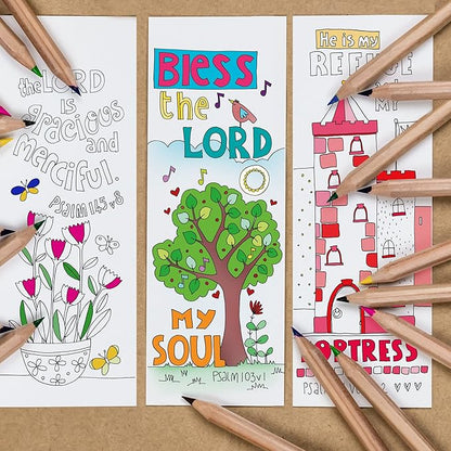 Christian Colouring Bookmarks, Psalms, Pack of 10 Different Designs, with Coloured Bible Verse on Reverse. Makes a Great Christian Gift for Adults or Children, by Just Cards Direct. (White/EPBM)