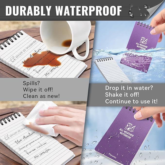 POPYOLA 1 Pack Waterproof Pocket Notebook, 3x5 Pocket Notepad, All Weather Mini Spiral Notepad, Write in the Rain Police Notepad with 100 Squared Pages for Outdoor Home Office School, Purple