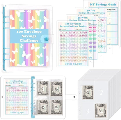 HAUTOCO 100 Envelopes Money Saving Challenge A5 Binder, Savings Challenges Book to Save $5,050, $500, $10,000, Budget Binder with Cash Envelopes, PVC Money Saving Binder with Challenge Trackers, Blue
