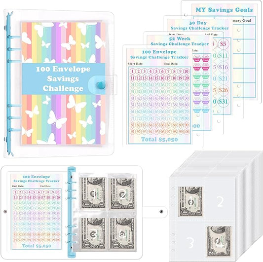 HAUTOCO 100 Envelopes Money Saving Challenge A5 Binder, Savings Challenges Book to Save $5,050, $500, $10,000, Budget Binder with Cash Envelopes, PVC Money Saving Binder with Challenge Trackers, Blue
